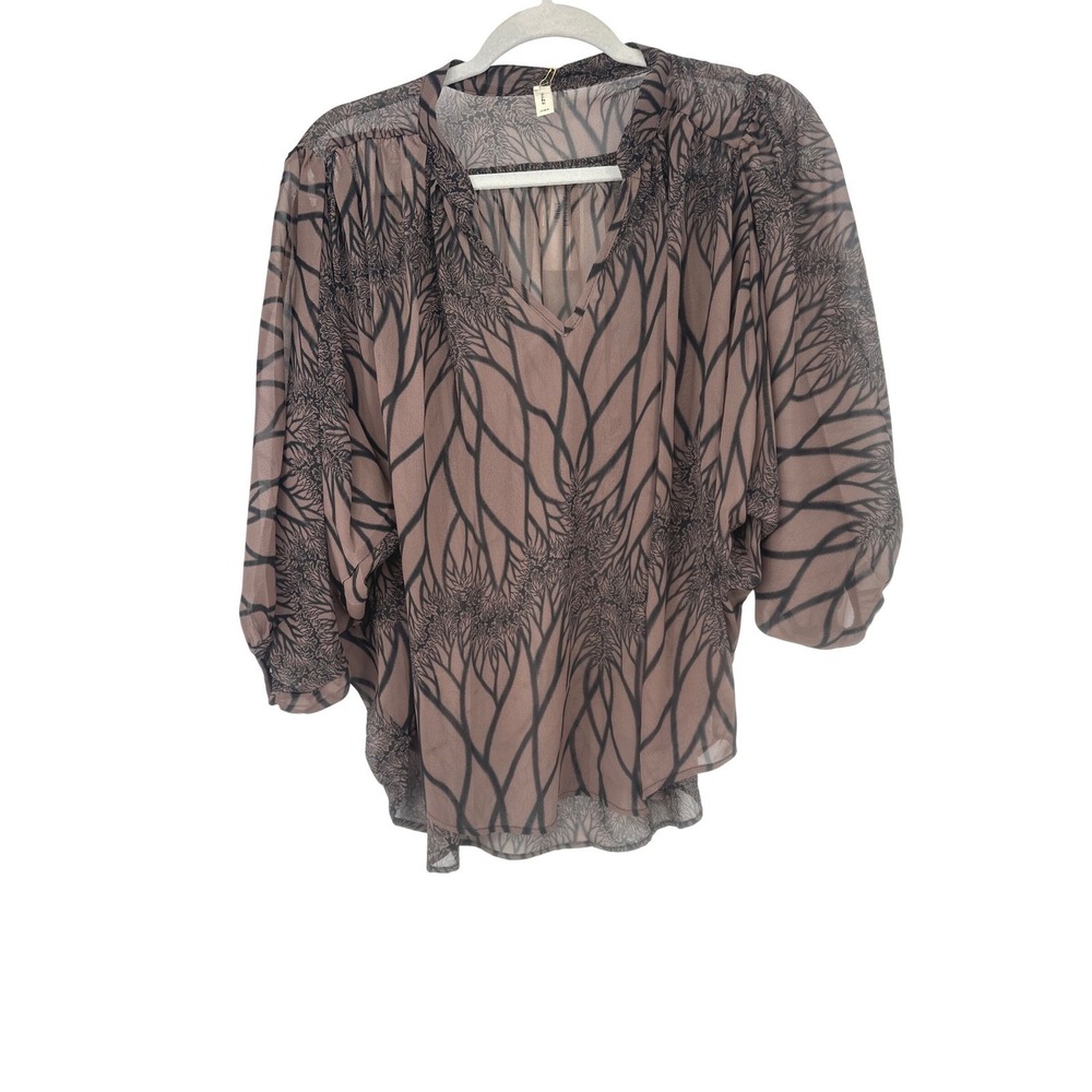 Tyche Womens M Brown Sheer Tree Branch Print Dolman Blouse Boho Artsy Earthy